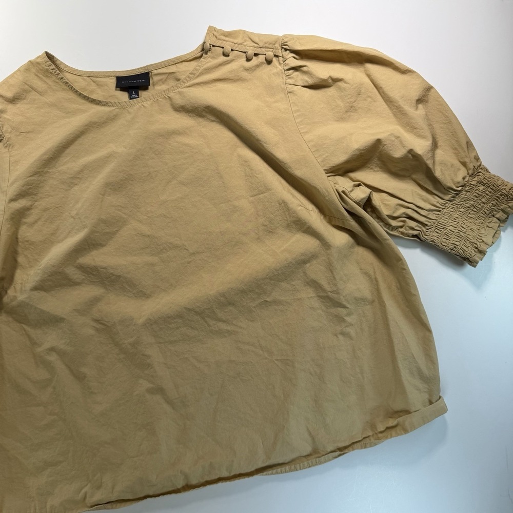 Who What Wear Women's Puff Sleeve Khaki Top Button Detail Short Sleeve Large - Picture 2 of 9